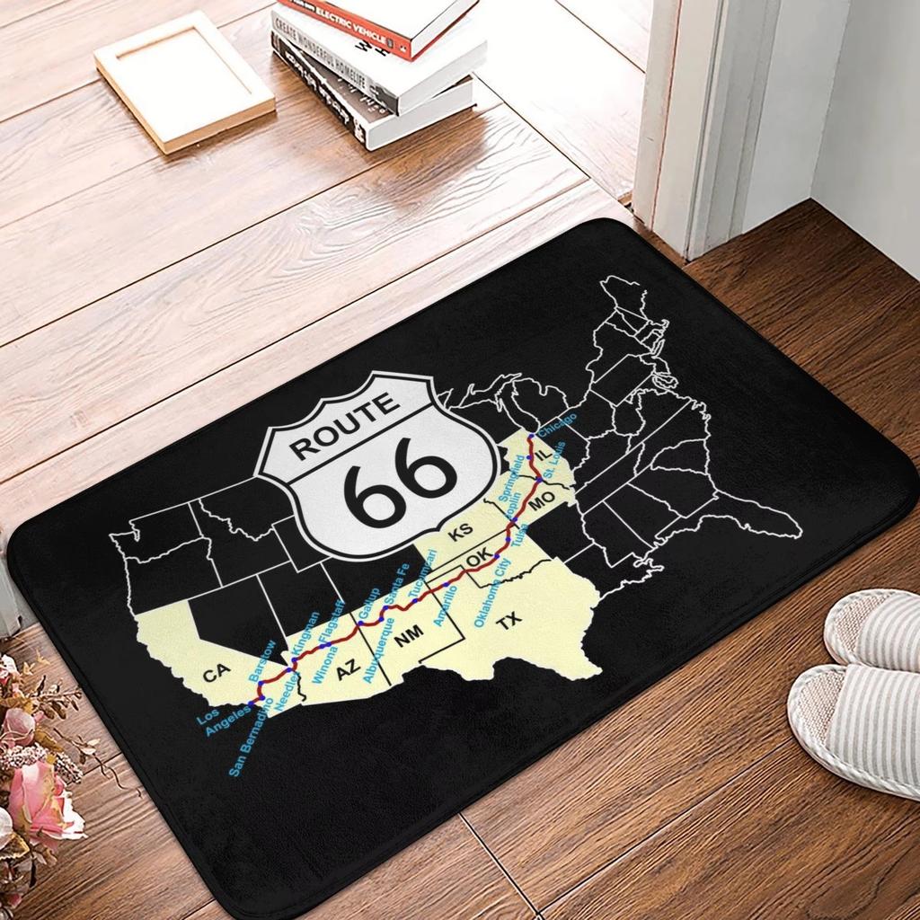 Route 66 Front Door Mat Anti-Slip Outdoor Americas Highway Doormat Kitchen Balcony Entrance Rug Carpet Historic Route 66