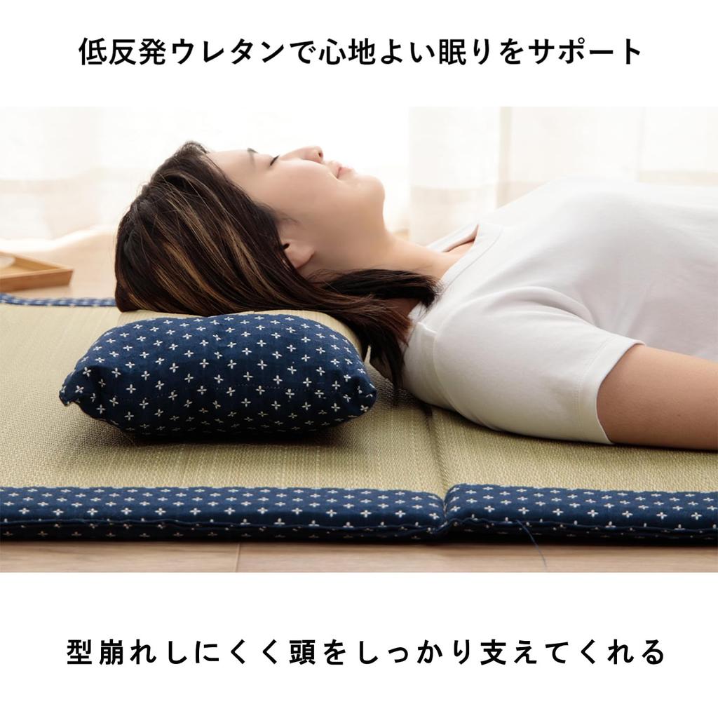 IKEHIKO Igusa Pillow, Japanese Flat Pillow, Shiori Rose Design, Approx. 30x50cm, Indian Cotton, Sashiko Sashiko, Moisture-Resistant, Simple,