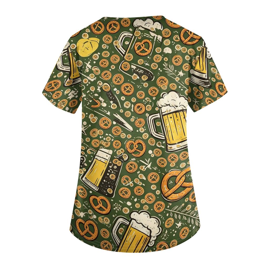 Women's V Neck Short Sleeve Work Top with Pockets Oktoberfest Print Medical Uniform Nurse Scrub Shirt for Healthcare Professionals