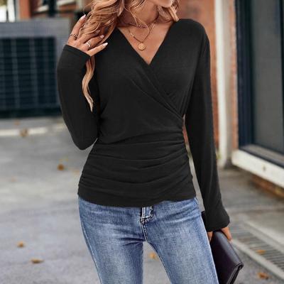Women's Black Casual V-neck Long Sleeved Pleated Solid Color T-shirt Women's High Street Fashion Dating Versatile Autumn Elegant Top