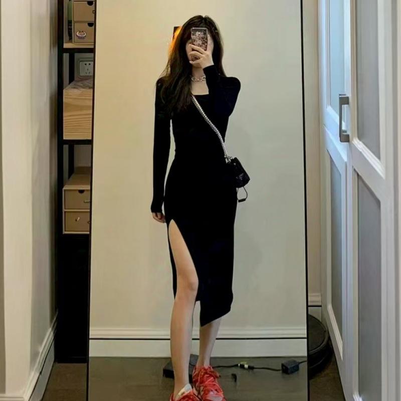 Spring Women's Year's New Waist Split Hip Wrap Long Dress Black Square Neck Dress Autumn and Winter