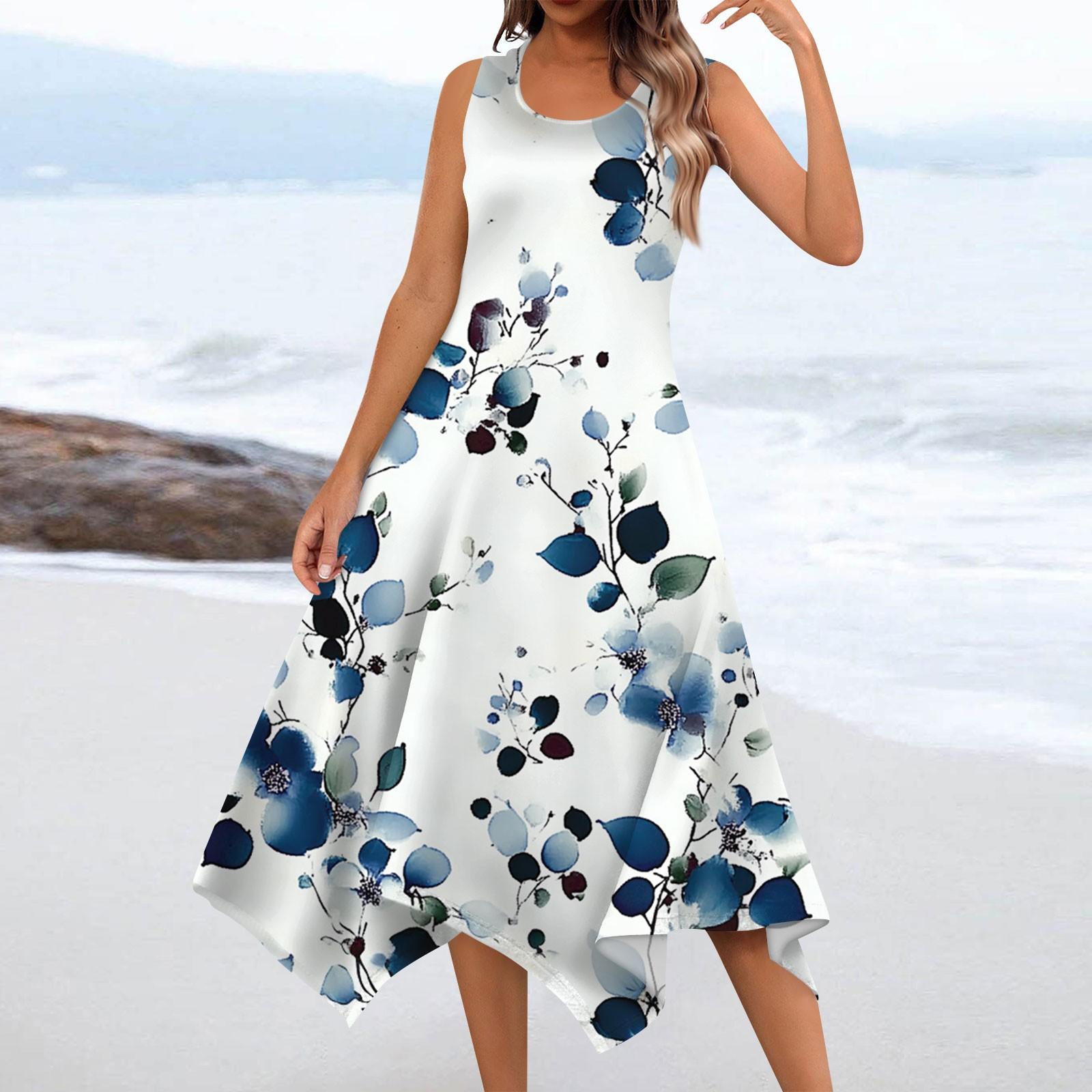 

Женское повседневное модное платье миди без рукавов с круглым вырезом и цветочным принтом, нерегулярный подол XXL
