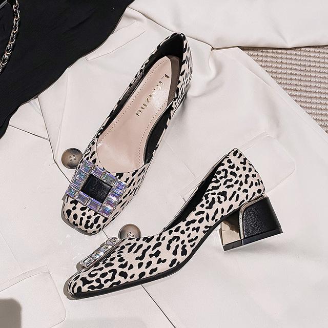 

Большие размеры 35–43, женские туфли-лодочки с леопардовым принтом на массивном каблуке, модные офисные женские кожаные туфли без шнуровки на среднем каблуке с квадратным носком и пряжкой 41