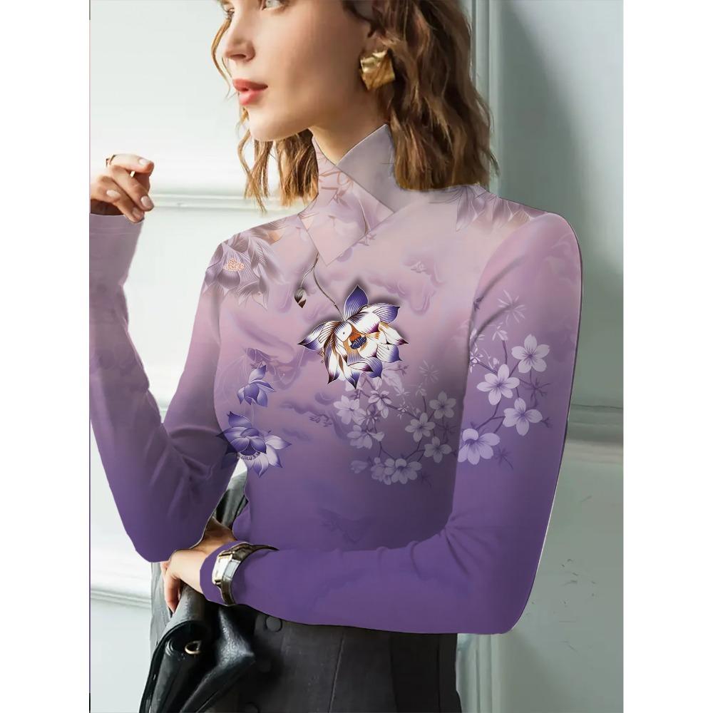 Women's Cheongsam Collar Long-sleeved T-shirt with Pink Floral Print, Suitable for Women.