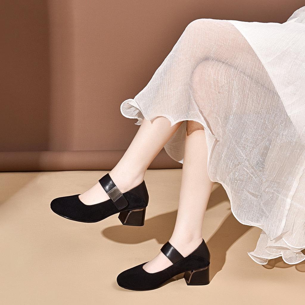 Round head single shoes Mary Jane shoes women's spring new one-word buckle shallow mouth small single shoes two heights