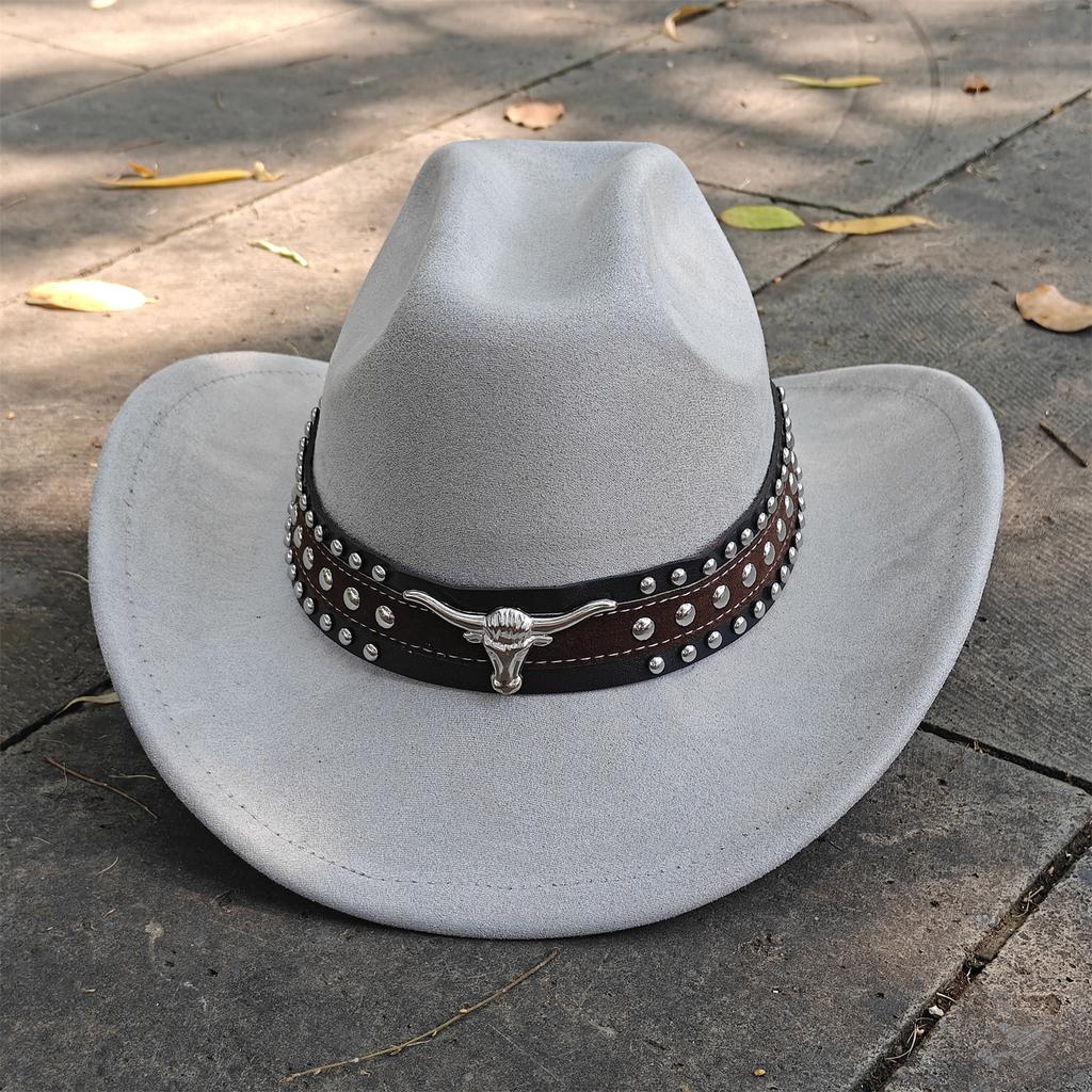 Retro Suede Leather Western Cowboy Fedora Hat For Men Women Bull Head Accessories Fashion Travel Party Hat Denim Hat Sombrero