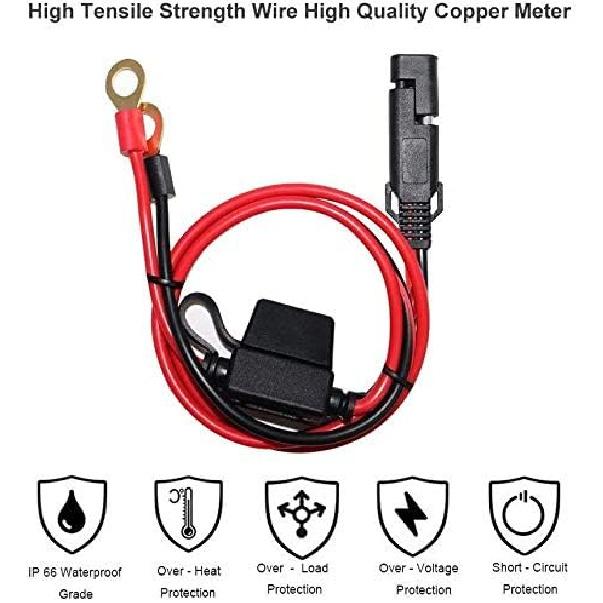 [5 PACK] 2FT Motorcycle Battery Charger Cord, Sae To O Ring Terminal Quick Disconnect Assembly Extension Cable, Sae 2Pin Wire Harness Reverse
