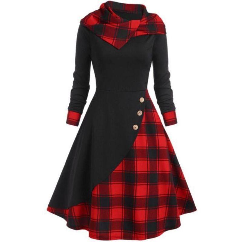 

Платье с высоким воротом Мода Весна Новинка Женская одежда Клетчатая строчка Худи Водолазка Платье с большим подолом Black red lattice XXL