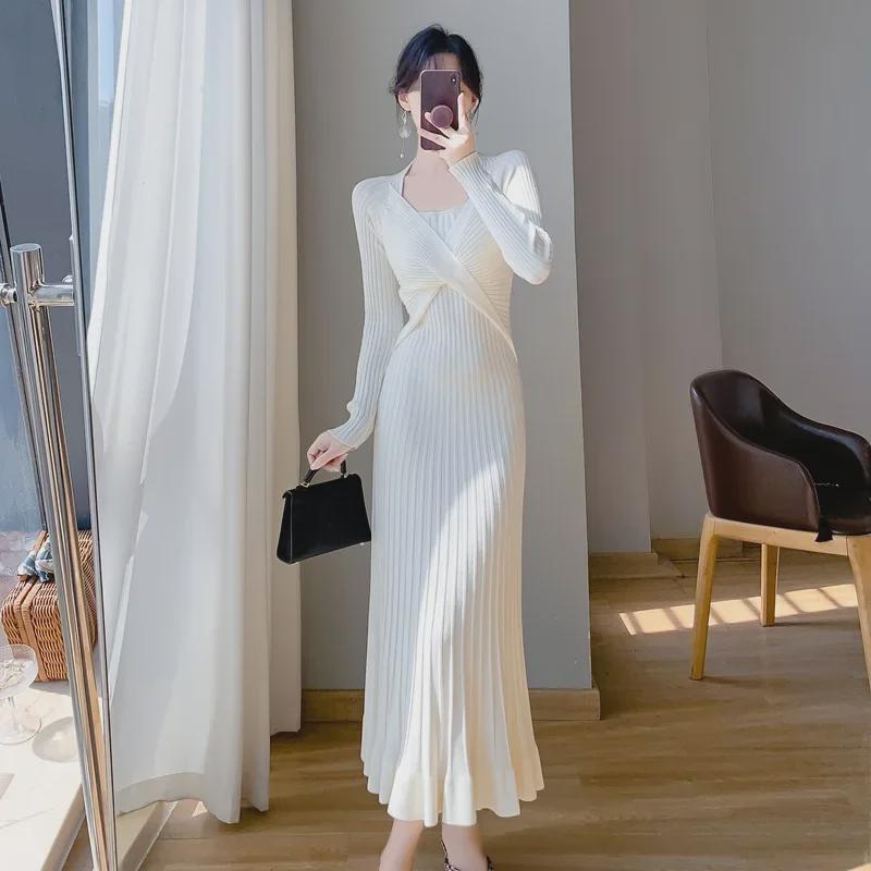 Korean Style Women's Long Over-the-Knee Sweater Dress with Fishtail Hem for Autumn/Winter