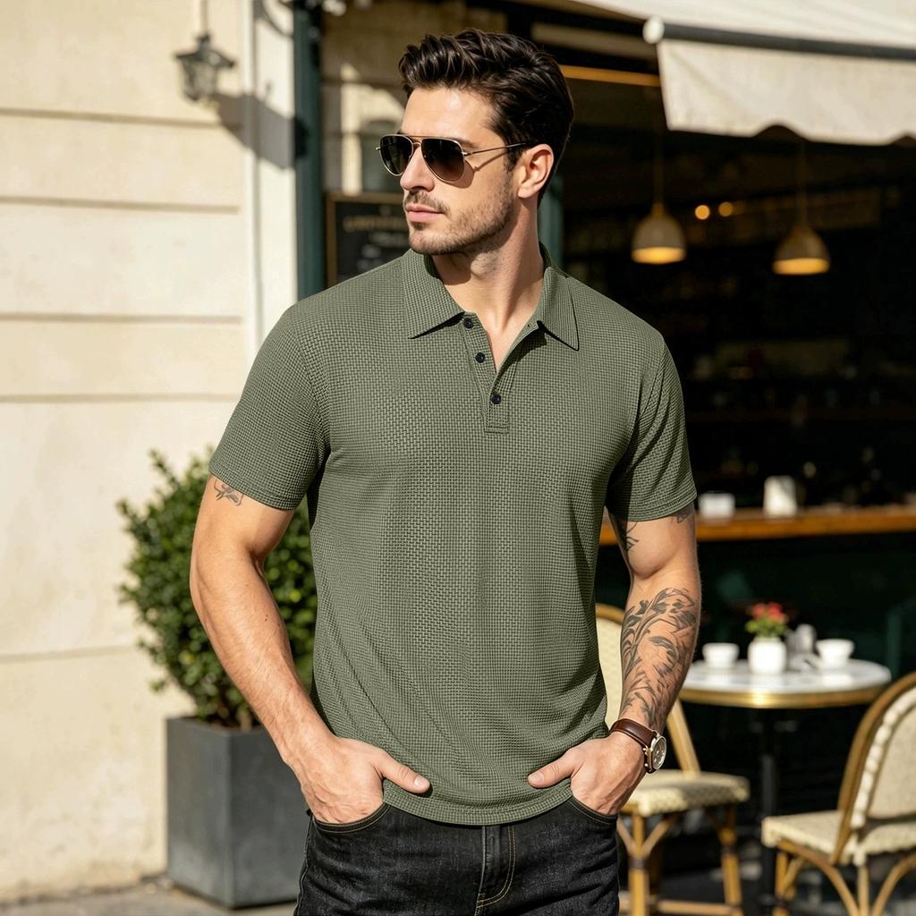 New Men's Business Casual Short Sleeved Bone Flower Solid Color POLO Shirt Fashion Breathable Comfortable Summer Versatile Top