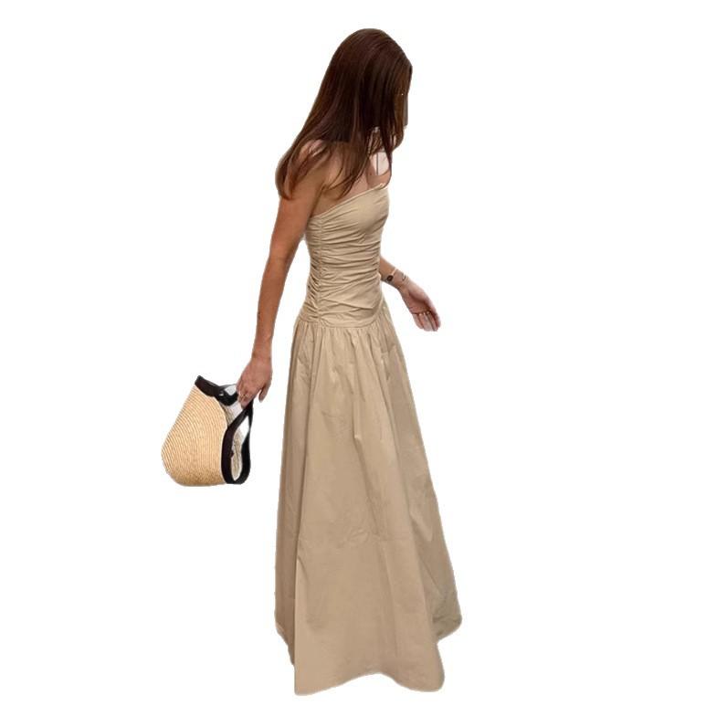 Commuter tube top dress women's summer new French simple temperament waist A-shaped long dress women's clothing
