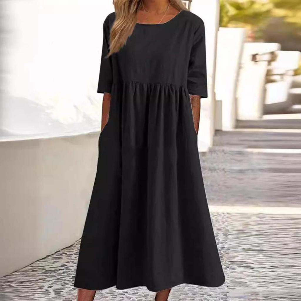 Summer Cotton and Linen Casual Short Sleeve Pocket Pleated Loose O-Neck Dress
