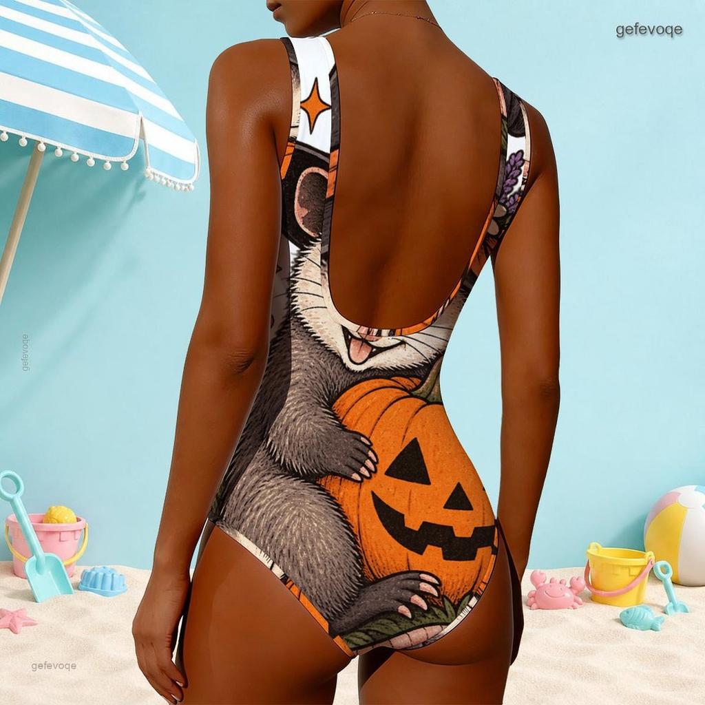 Women Plus Size One Piece Swimsuit High Round Neck Sleeveless Sloth Moon Printed
