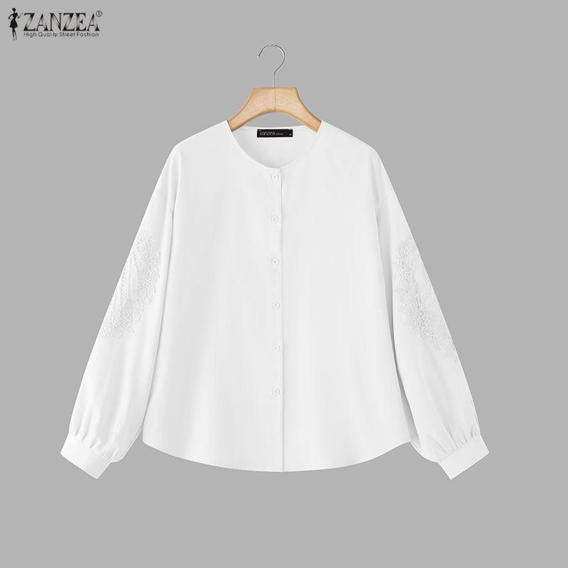 ZANZEA Camicetta casual da donna a maniche lunghe con scollo rotondo e tinta unita
