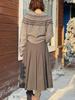 Lanmi Grey Wool-Blend Knitted A-line Pleated Midi Skirt for Women, Winter