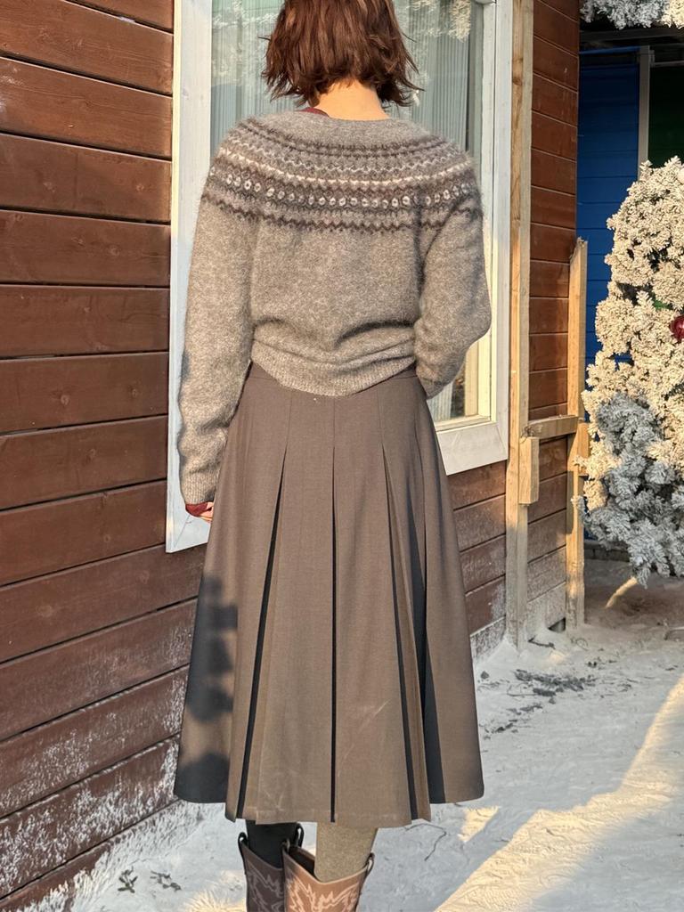Lanmi Grey Wool-Blend Knitted A-line Pleated Midi Skirt for Women, Winter