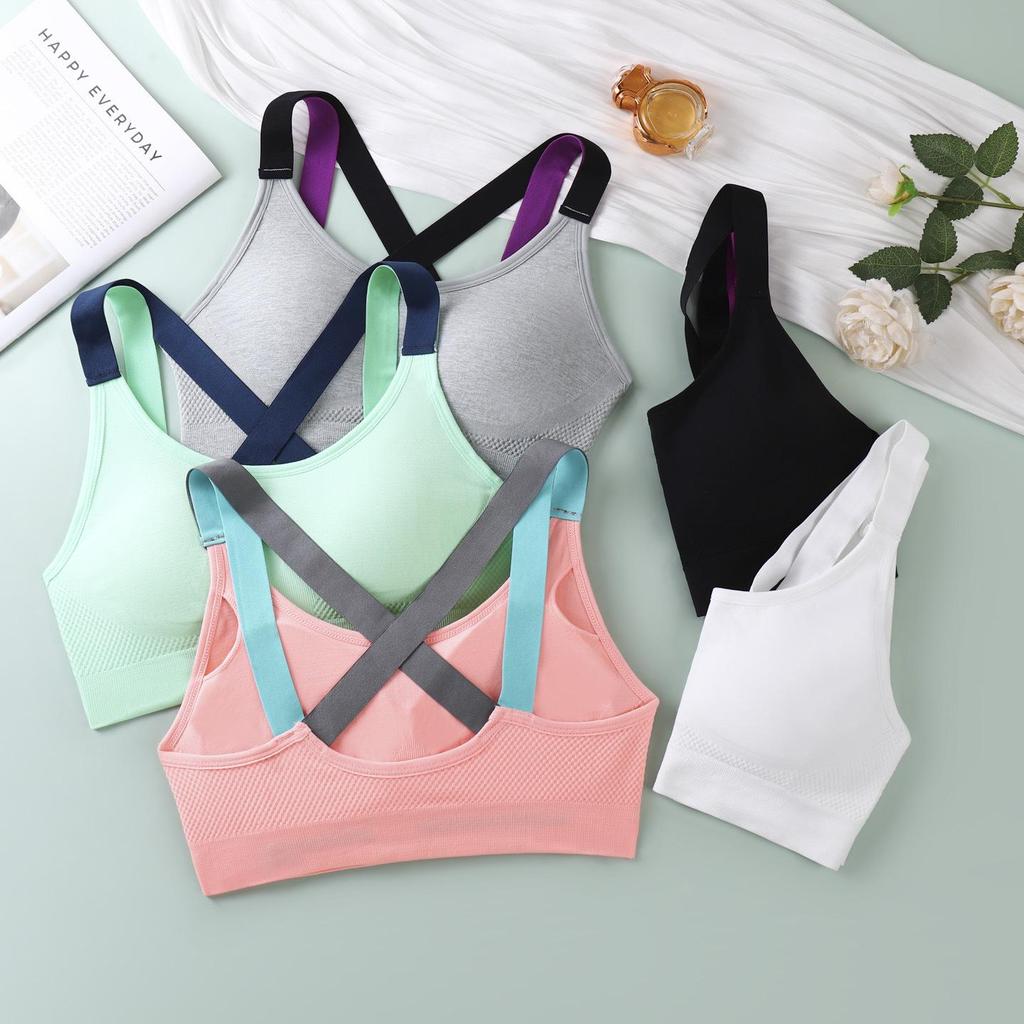 Strappy Cross Back Color Block Push-Up Sports Bra - Wire-Free, Breathable for Yoga & Running