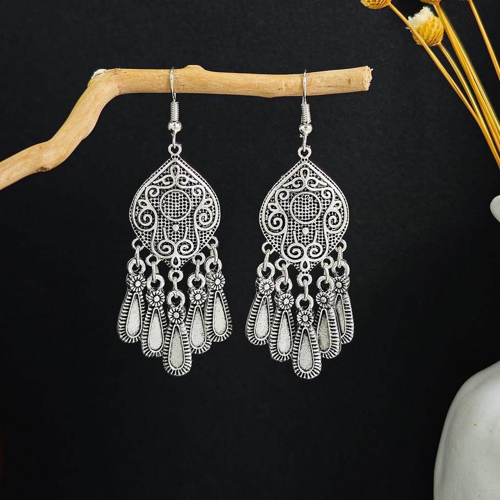 Bohemian Ethnic Wind Geometric Water Drop Earrings, Long Fringed Earrings For Retro Tourist Attractions