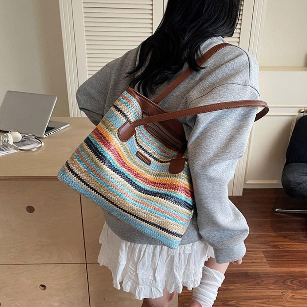 Beach Handbag Straw Woven Bag Parent Shoulder Bag Strip Shoulder Bag Bohemian Beach Bag  Streetwear