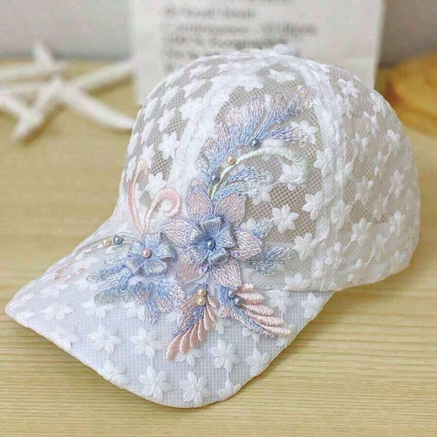 Zealous Sole Women's Blue Lace Floral Embroidered Baseball Cap For Sun Protection Casual Hat