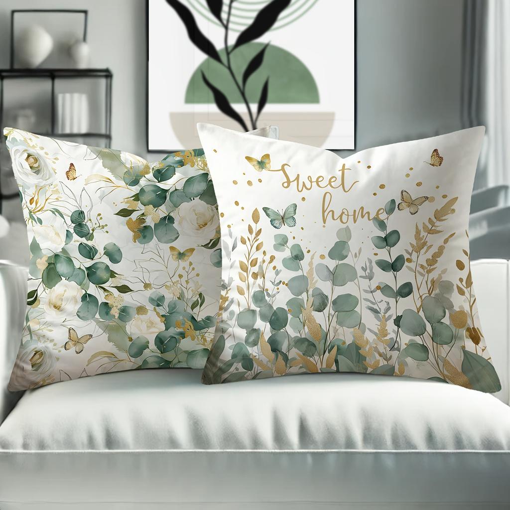 Fresh Eucalyptus & Floral Springtime Pillow CoversLiving Room Sofa Cushion Cover, Soft and Comfortable, Bedroom Room Decoration