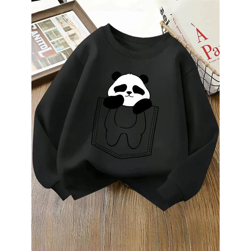 European Sizes Kids' Crewneck Sweatshirt - Panda In Pocket Pattern Print , Sportswear And Casual Wear, Soft And Comfortable, Children's Clothing