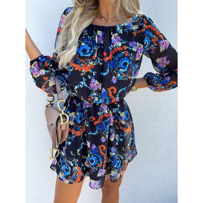 

Sweet round Neck Large Flower Front and Back Wearable Long-Sleeve Dress Blue flower S