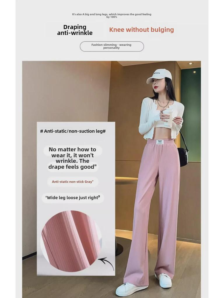 Women's Ice Silk Pleated Wide-Leg Pants with Pockets, Slim Fit, Spring Collection