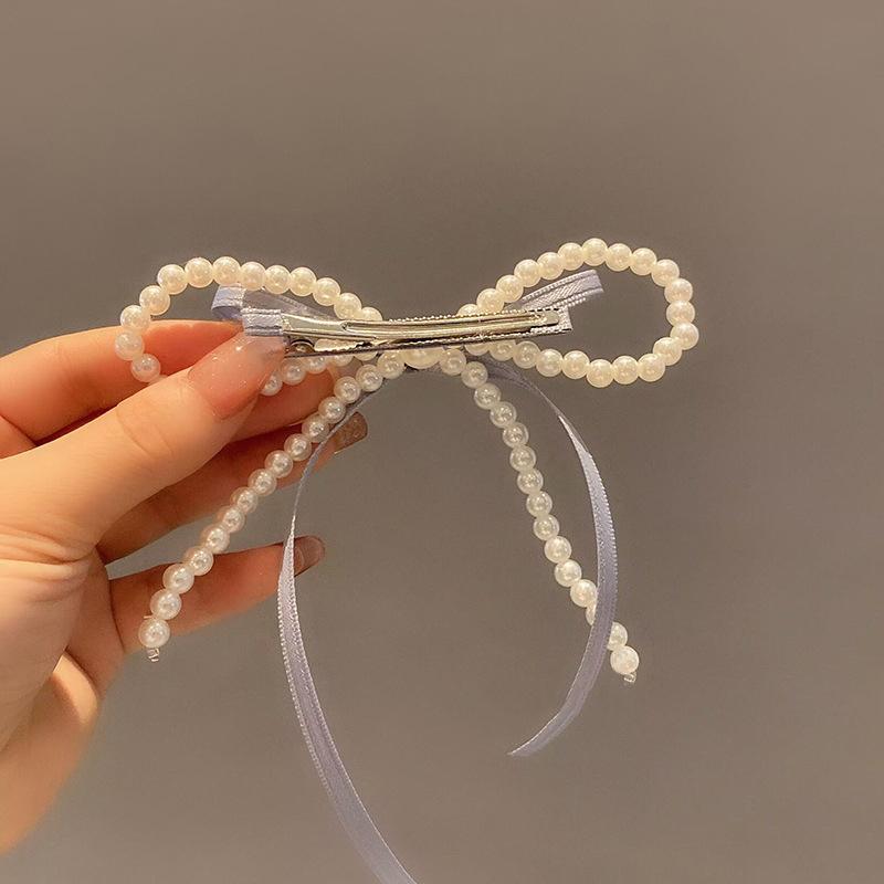 Fairy Ribbon Bowknot Pearl Barrettes Korean Style Sweet Fresh Side Clip Elegant Bow Duckbill Clip Temperament Headdress