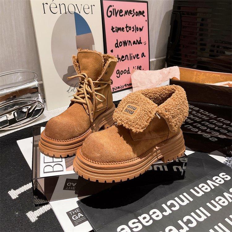 Martin Boots Women's Matte Leather Fur Shoes Two Wear Flip Yellow Boots Velvet Snow Cotton Boots Tooling Locomotive Boots Short Boots