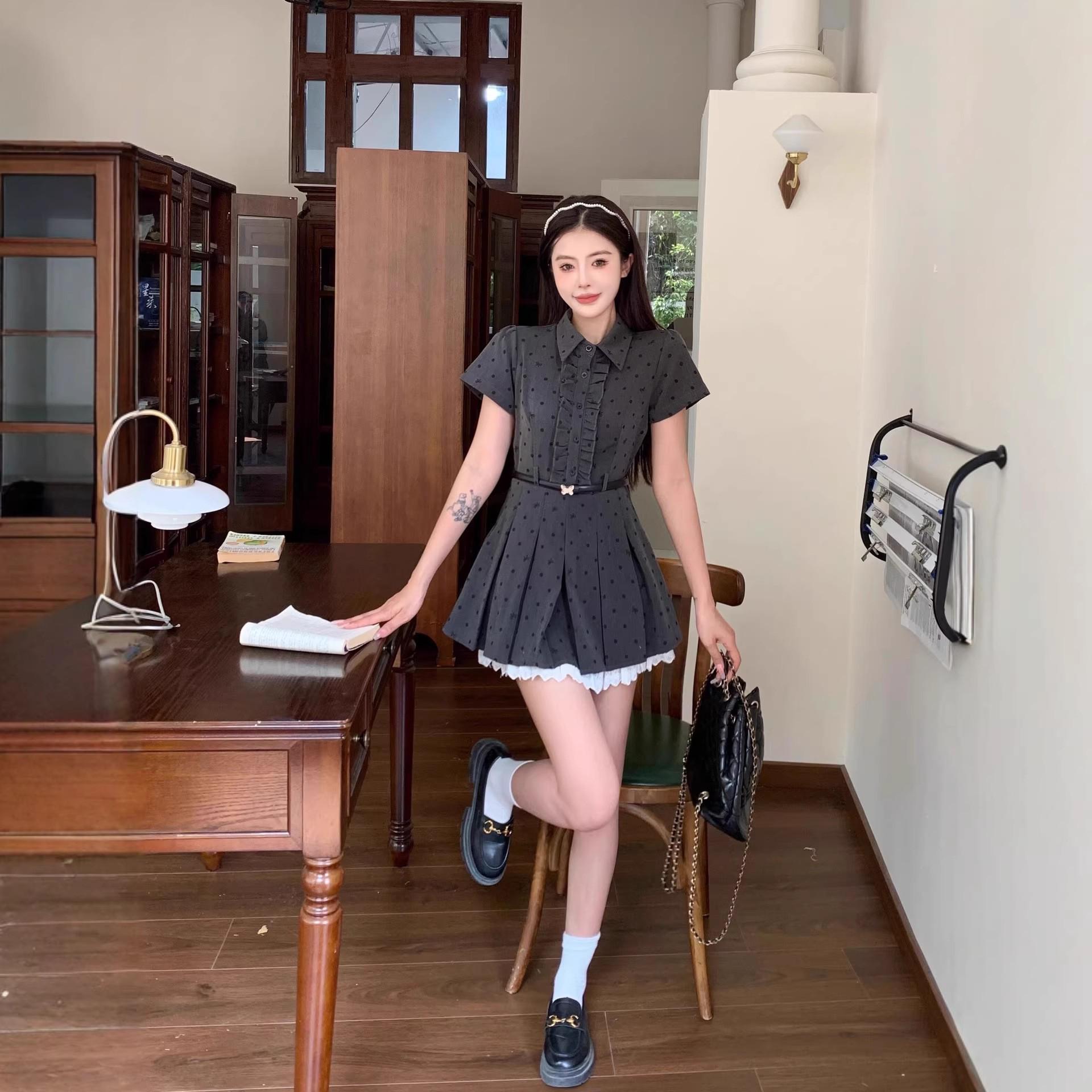 

Korean Retro Polka Dot Two-Piece Short Sleeve Dress, Summer College Style, Waist-Cinched Slim A-Line Mini Skirt for Women Large