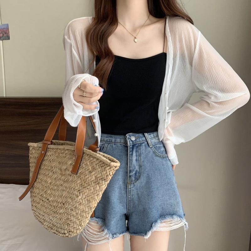 

Sunscreen long-sleeved knitted sweater women s student new shawl summer with skirt cardigan suspender jacket tide One size fits all белый