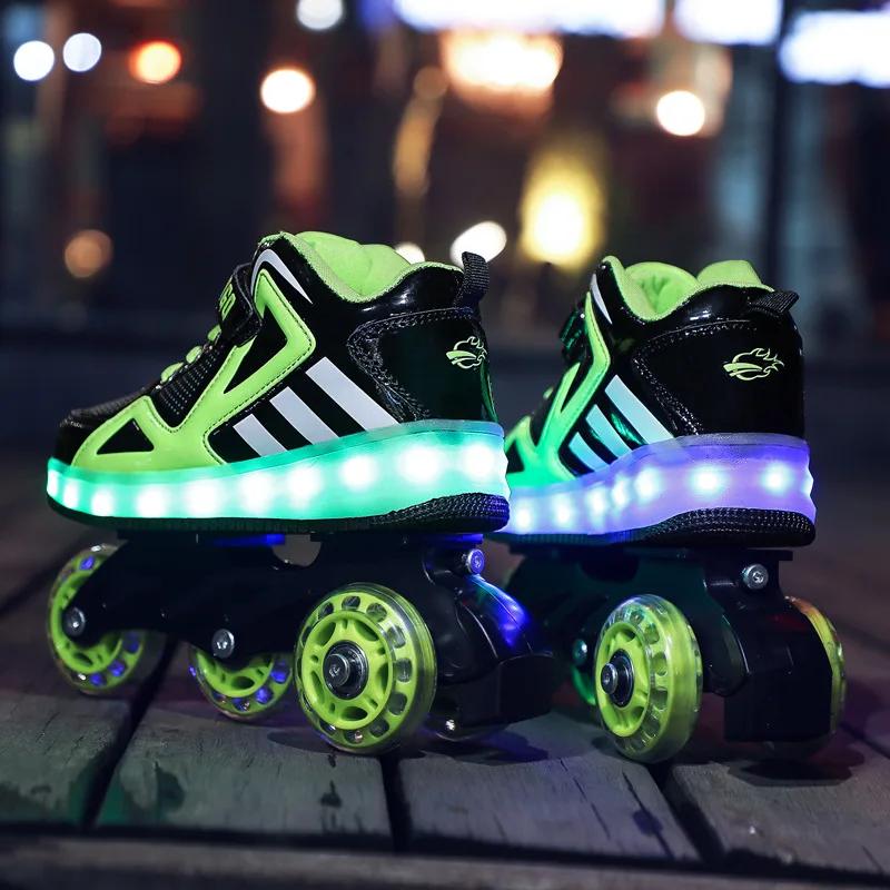 Neue Rollschuhe LED LadeSchalter Einzel- und Doppelreihe Laufrolle Verformungsschuhe für Kinder