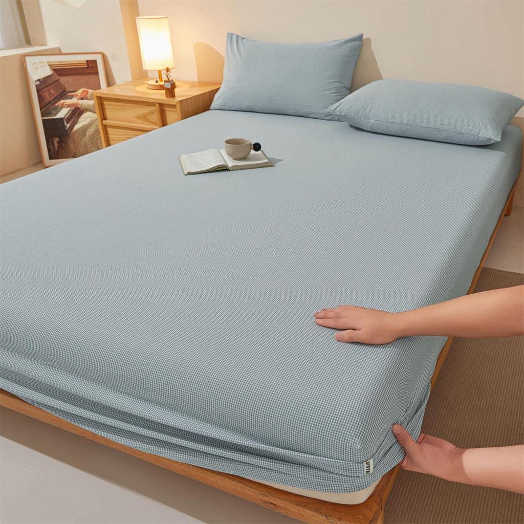 Pure Cotton Weave Washed Fitted Sheet - Solid Stripe Mattress Protector