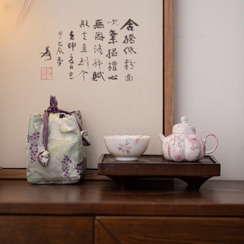 Hand Drawn Rose Ceramic Kung Fu Tea Set, One Pot, One Cup, Handmade Tea Pot, Tea Cup, Outdoor Portable Set
