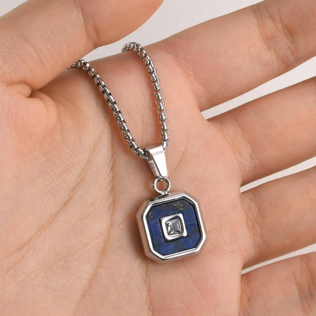 Square Natural Stone Pendant Necklace For Both Men And Women, Unisex Stainless Steel Necklace