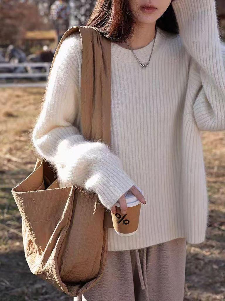 Women's Korean Style Thick Pure Wool Sweater - Soft, Round Neck, Loose Fit Pullover Knit