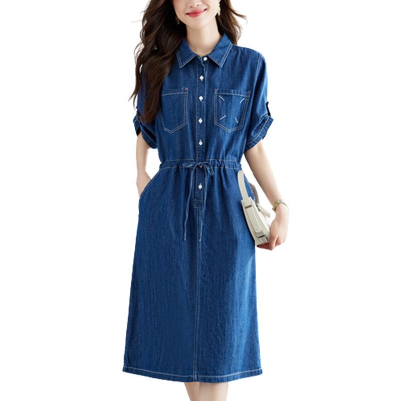 Denim Dress Women's Short-sleeved Summer New Temperament Commuter Design Sense Drawstring Waist Skirt