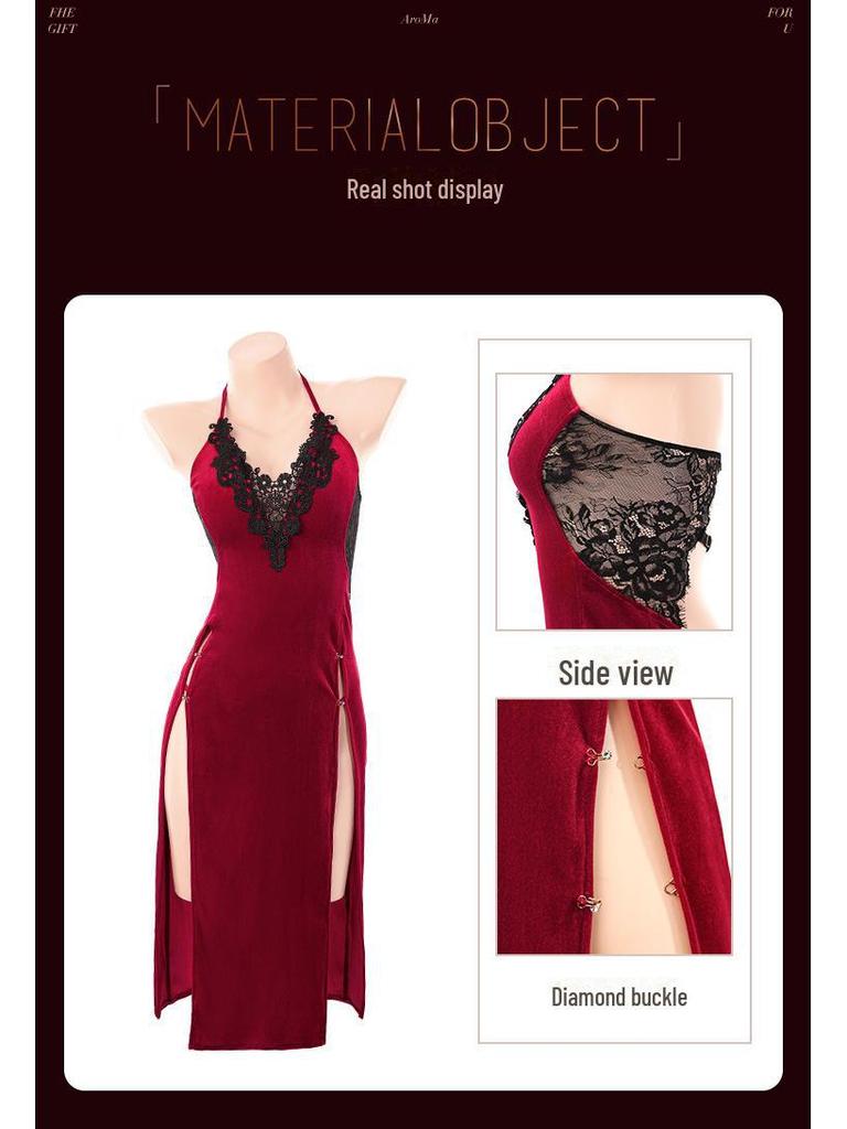 Feimu Renjian Velvet Deep V Nightdress 6153: Sultry High-Slit Lingerie