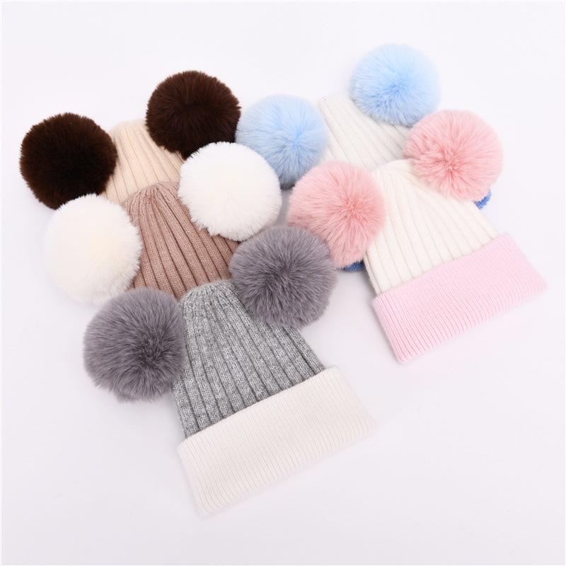 Children's rabbit velvet knitted hat double-match color soft cute outdoor wool hat warm real raccoon fur ball removable