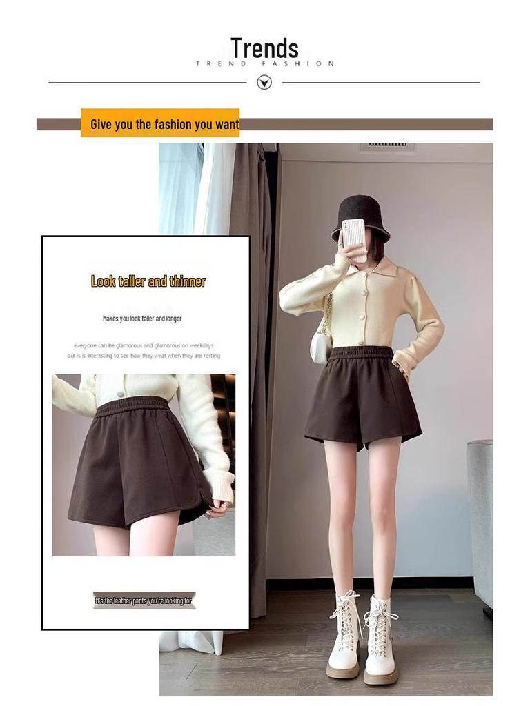 Women's Elastic High Waist Woolen A-Line Casual Shorts, Loose Fit, Autumn/Winter, Black.