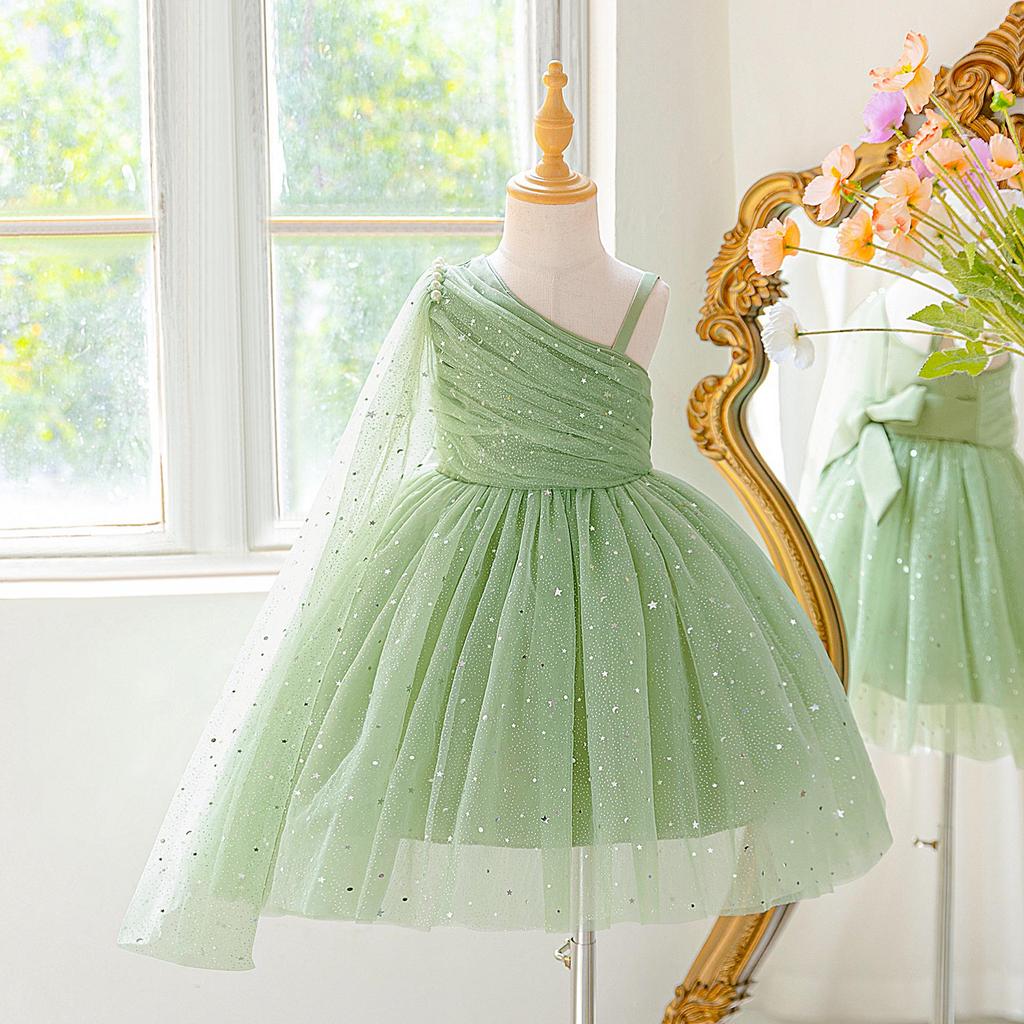 European & American One-Shoulder Sequin Princess Dress for Kids - Evening Mesh Puffy Skirt