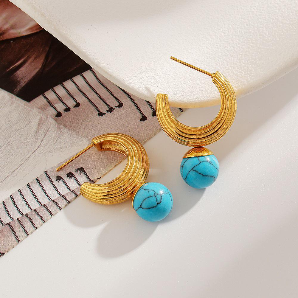 Ying Tai 18k Gold High-Polish Non-Fading Turquoise Stainless Titanium Steel Stud Earrings for Women.