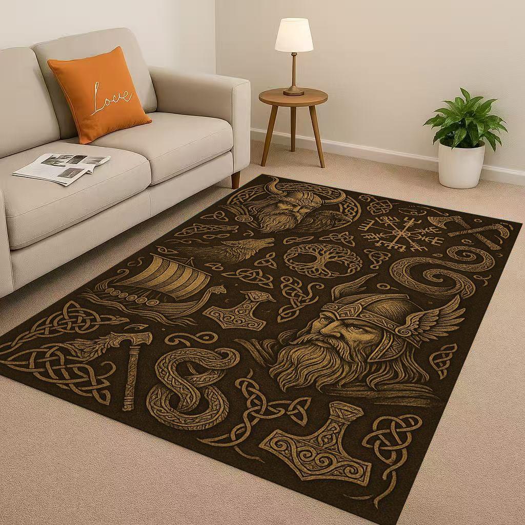 Classic Nordic Viking Totem Vegvisir Rune Valhalla Valknut Living Room Non-Slip Area Rug Carpet for Bedroom Sofa,Home Doormat