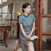 Womens Purple Brocade Qipao Dress Mid-Length Short Sleeve Retro Chinese Style Modern