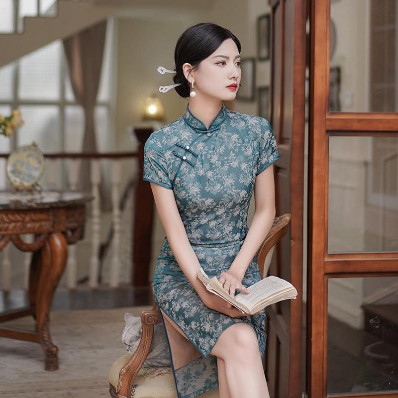 Womens Purple Brocade Qipao Dress Mid-Length Short Sleeve Retro Chinese Style Modern