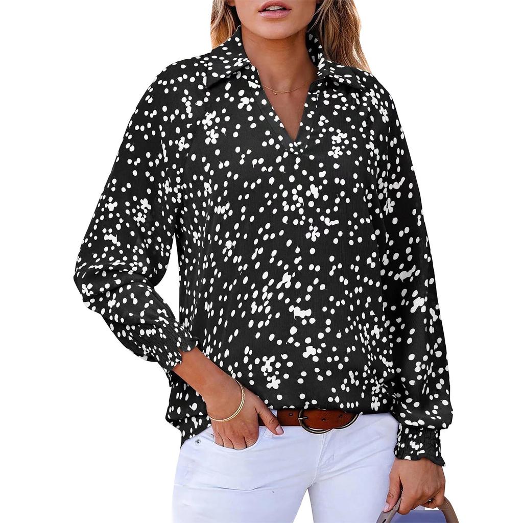 Damen Oberteile V-Ausschnitt Langarm Gepunktet Gedruckt Kordelzug Bluse