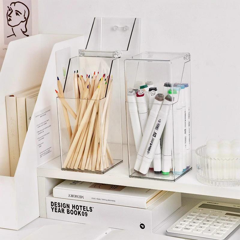 Clear Acrylic Desktop Organizer: Dustproof Pen & Makeup Brush Holder with Lid.