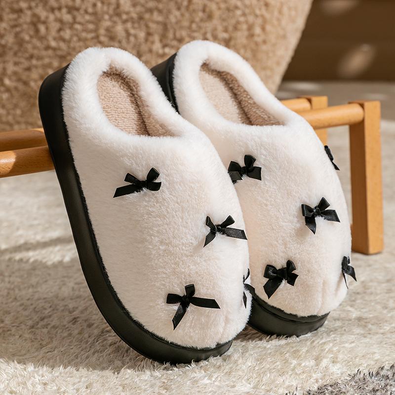Eine Nummer größer bestellen Mode Damen Schleifchen-Slipper Winter Indoor Zuhause Warm Rutschfest EVA Dicke Sohle Paarschuhe Plüsch Weiche Sohle Hausschuhe