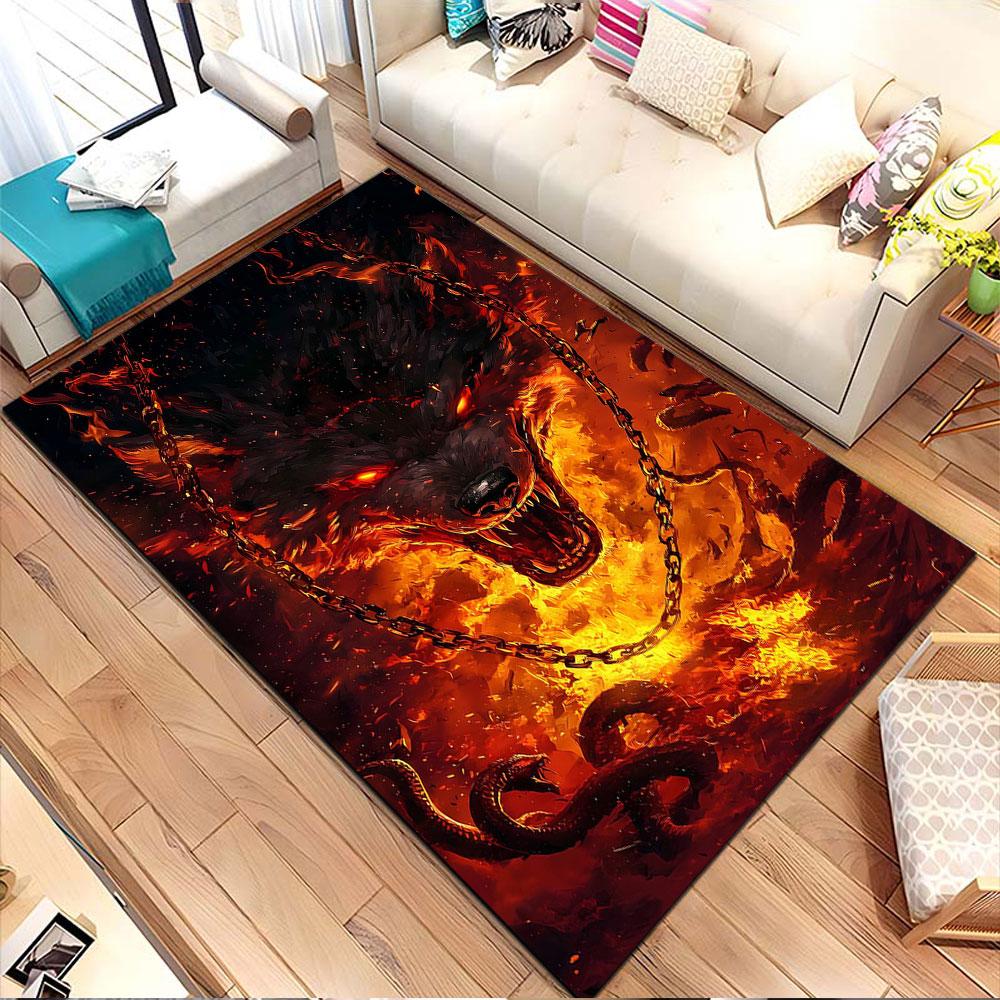 Fiery Wolf with Chains Patterned Carpet, Non Slip Mat Suitable for Living Room and Bedroom Sofas